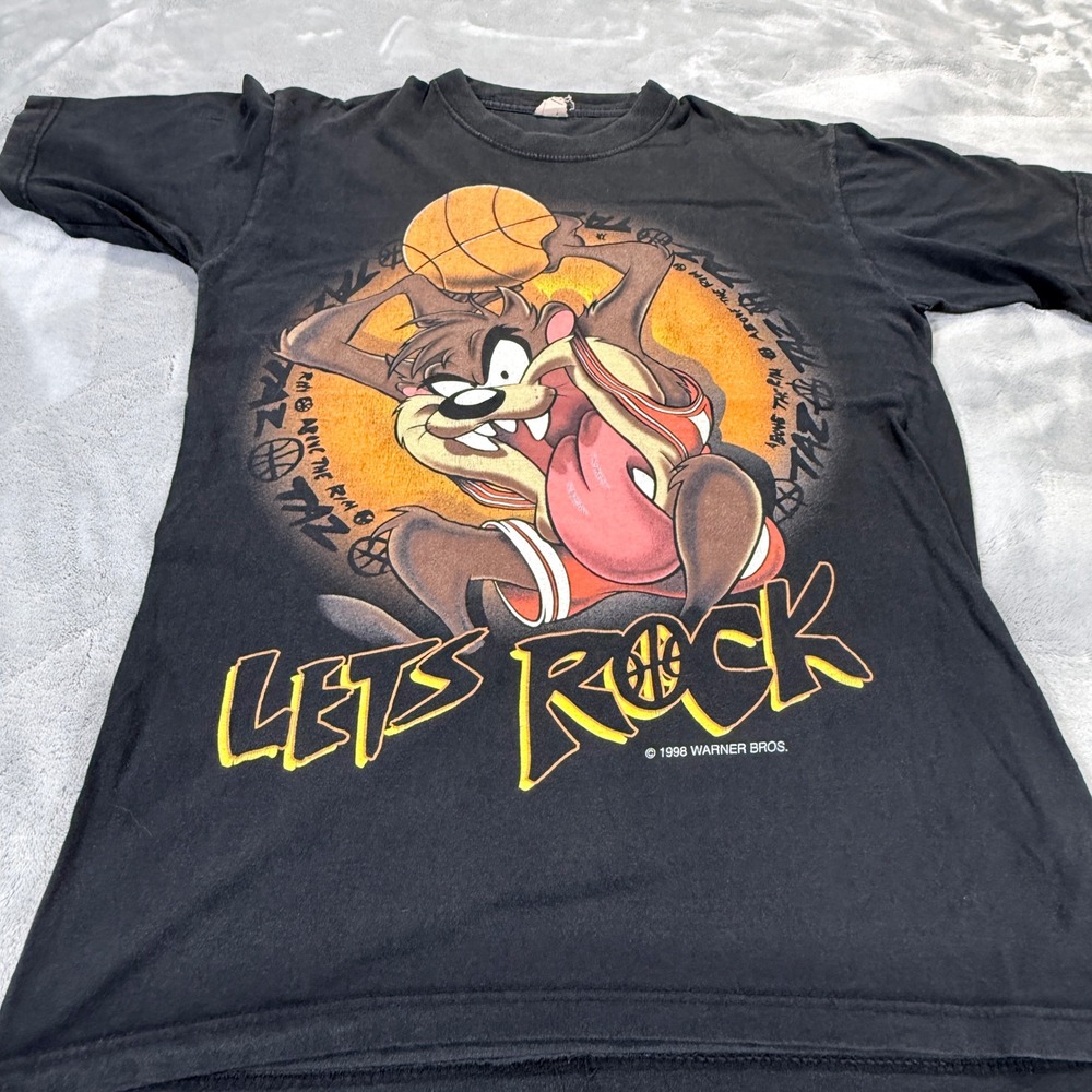 Vintage 1998 Warner Bros Taz Basketball Lets Rock Graphic T-Shirt Black Mens S/M